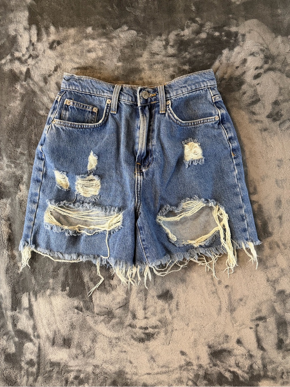 Forever 21 Distressed Mid-Blue Ripped Denim Shorts